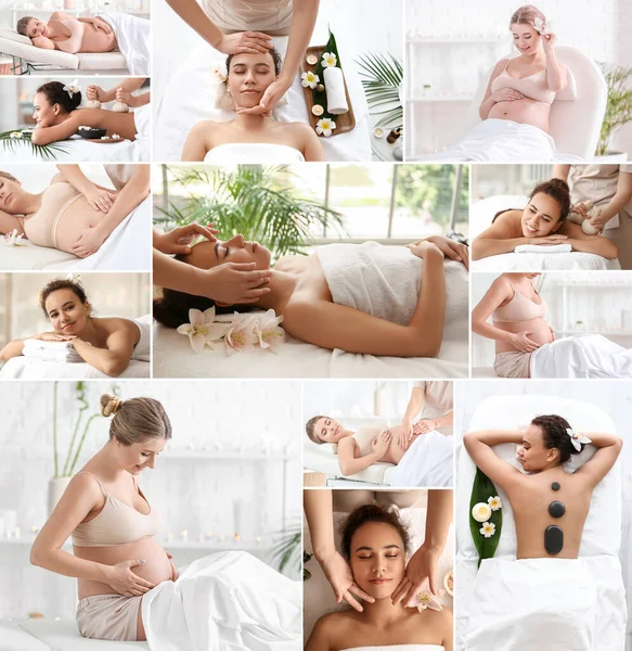 Collage Con Belle Giovani Donne Che Rilassano Nel Salone Spa — Foto Stock