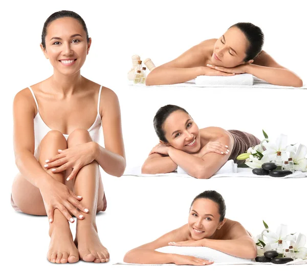 Set Beautiful Young Woman Spa Supplies White Background — Stock Photo, Image
