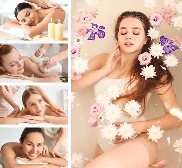 Collage Met Mooie Vrouwen Rusten Spa Salon — Stockfoto