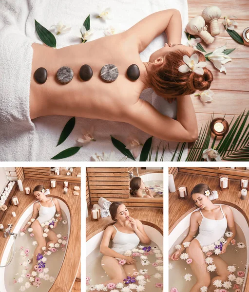 Collage Met Mooie Vrouwen Rusten Spa Centrum — Stockfoto