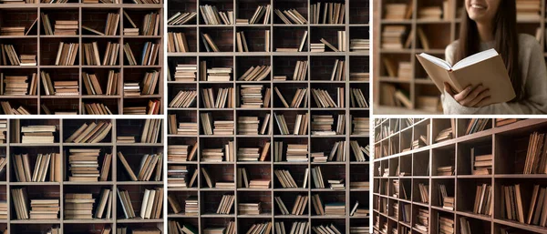 Kollázs Sok Könyvet Polcokon Könyvtárban — Stock Fotó