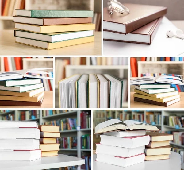 Collage Avec Nombreux Livres Différents Dans Bibliothèque — Photo