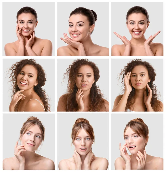 Collage Con Diferentes Hermosas Mujeres Jóvenes Sobre Fondo Claro Concepto — Foto de Stock