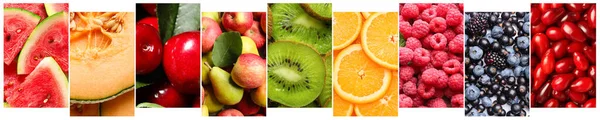 多くのジューシーな果物や果実とのコラージュ クローズアップ — ストック写真
