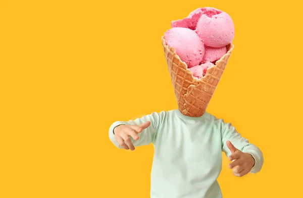 Man Tasty Ice Cream Instead His Head Yellow Background — Stock Photo, Image