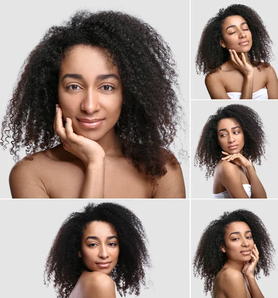 Collage Med Ung Afroamerikansk Kvinna Ljus Bakgrund Hudvårds Koncept — Stockfoto