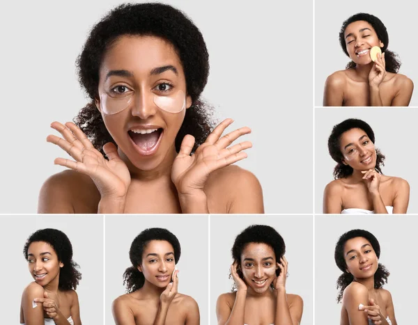 Collage Young African American Woman Light Background Skin Care Concept — Stock Photo, Image