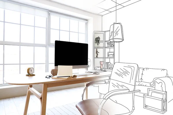 Novo Interior Escritório Moderno Com Cadeira Mesa Monitor Computador — Fotografia de Stock