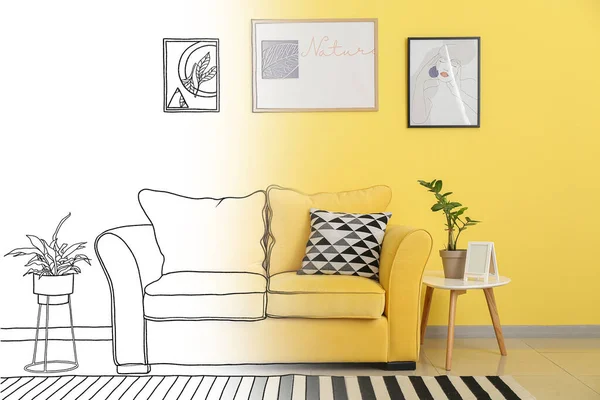Neues Interieur Des Stilvollen Wohnzimmers Mit Sofa Und Bildern — Stockfoto