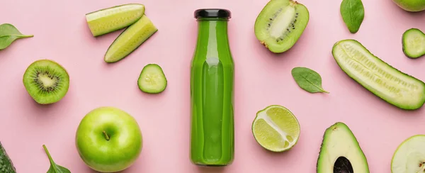 Bottle Healthy Green Smoothie Ingredients Pink Background Top View — Stock Photo, Image