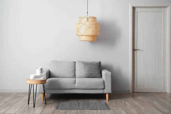 Comfortable Sofa Table Modern Lamp Grey Wall — Stock Photo, Image