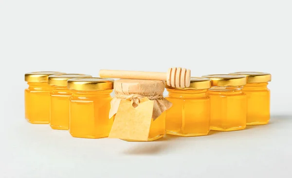 Jars Honey Light Background — Stock Photo, Image