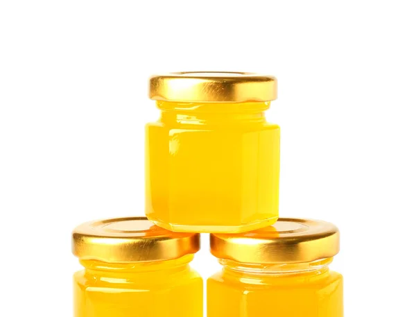 Jars Honey White Background Closeup — Stock Photo, Image