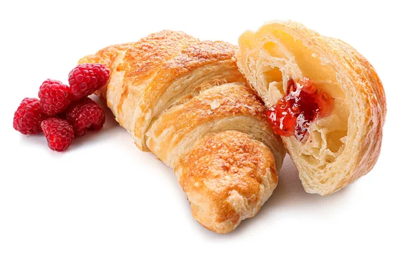 Lahodné Croissanty Malinové Džem Bílém Pozadí — Stock fotografie