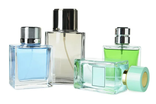 Flaschen Mit Aromatischem Parfüm Auf Weißem Hintergrund — Stockfoto