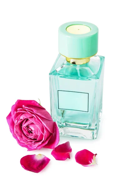 Garrafa Perfume Aromático Rosa Flor Sobre Fundo Branco — Fotografia de Stock