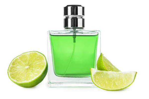 Illatos Parfümök Lime Darabok Fehér Alapon — Stock Fotó