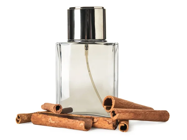 Beyaz Arka Planda Bir Şişe Aromatik Parfüm Tarçın — Stok fotoğraf
