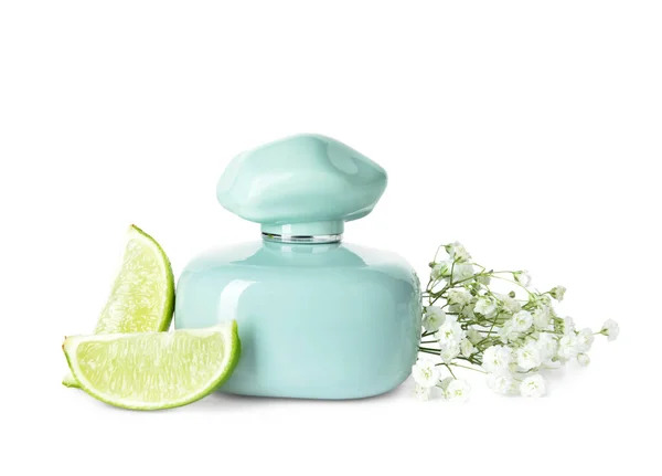 Bottle Aromatic Perfume Gypsophila Flowers Lime Pieces White Background — Stock Photo, Image