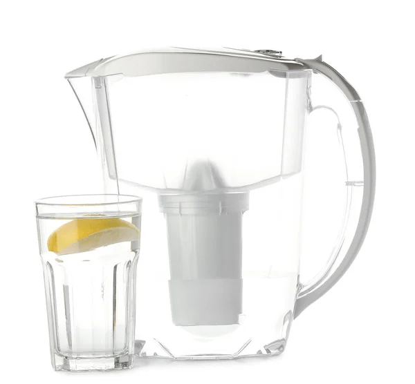 Filter Jug Glass Water Lemon Slice White Background — Stock Photo, Image