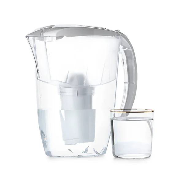 Modern Filter Jug Glass Water White Background — Stock Photo, Image