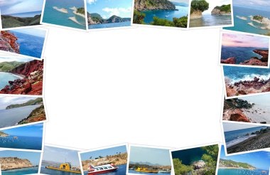 Beyaz arkaplanda seyahat fotoğraflarından oluşan çerçeve metin için boşluk
