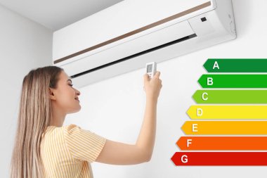 Odada klimalı uzaktan kumandalı genç bir kadın var. Akıllı ev kavramı