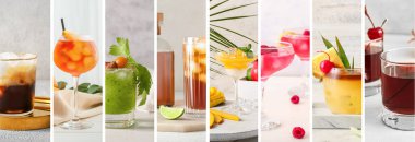 Hafif arka planda farklı yaz kokteylleri olan kolaj