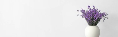 Açık arkaplan üzerinde güzel lavanta çiçekleri ve metin için yeri olan vazo.