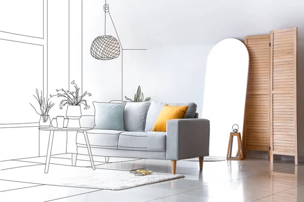 Sofa Meja Cermin Dan Layar Lipat Ruang Tamu Cahaya Desain — Stok Foto