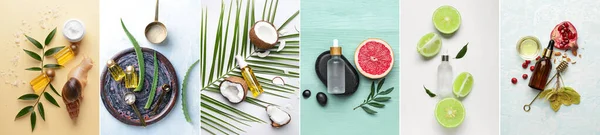 Collage Med Naturliga Eteriska Oljor Och Ingredienser Ovanifrån — Stockfoto