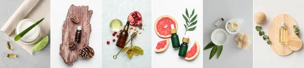 Collage Med Naturliga Eteriska Oljor Och Ingredienser Ljus Bakgrund — Stockfoto