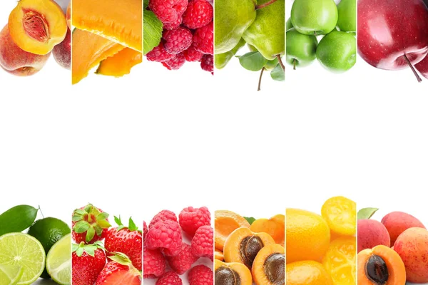Collage Sweet Ripe Fruits Berries White Background Space Text — Stock Photo, Image