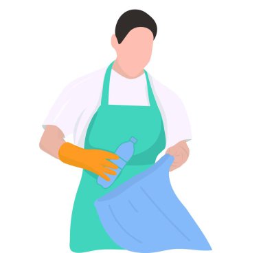 Beyaz arka planda çöp torbası olan bir adam. Geri dönüşüm kavramı