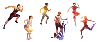 Beyaz arka planda modern spor salonunun ve sporcuların çifte pozu. 