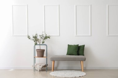 Yastıklı yumuşak bank ve ışık duvarının yanında raf ünitesi