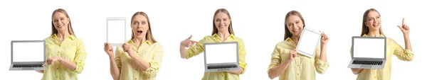 Conjunto Bela Jovem Com Laptop Tablet Computador Isolado Branco — Fotografia de Stock