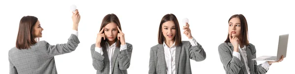 Conjunto Joven Empresaria Con Bombillas Portátil Sobre Fondo Blanco Concepto —  Fotos de Stock