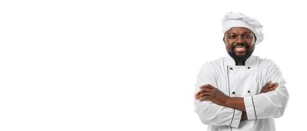 Guapo Chef Afroamericano Masculino Sobre Fondo Blanco Con Espacio Para — Foto de Stock