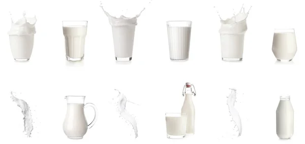 Uppsättning Färsk Mjölk Vit Bakgrund — Stockfoto