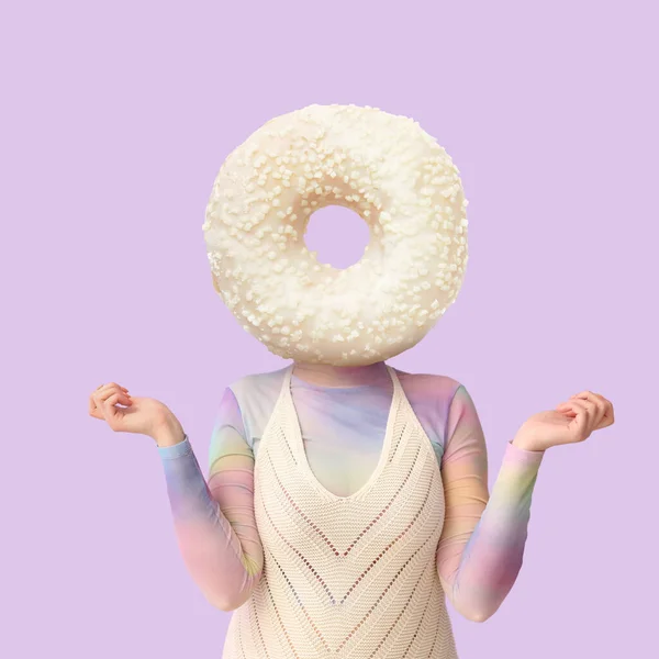 Woman Tasty Doughnut Instead Her Head Lilac Background — Stock Photo, Image