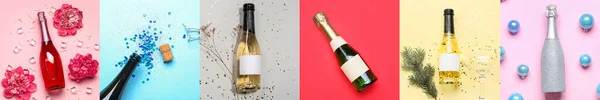 Set Champagne Bottles Christmas Decor Top View — Stock Photo, Image