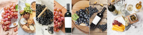 Conjunto Vinho Natural Com Deliciosos Petiscos Uvas Vista Superior — Fotografia de Stock