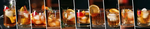 Set Glasses Delicious Old Fashioned Cocktail Dark Background — Stock Photo, Image