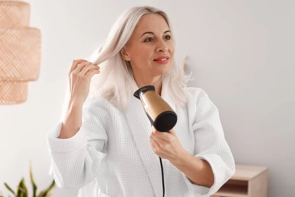 Morning Mature Woman Hair Dryer Bathroom — Stock Photo, Image