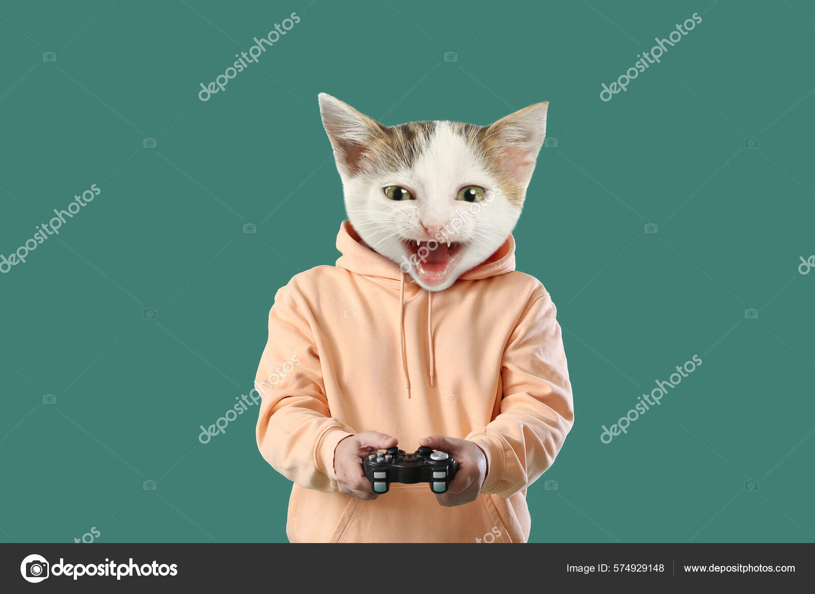 Gatinho Engraçado Com Corpo Humano Jogando Jogo Vídeo Fundo Cor