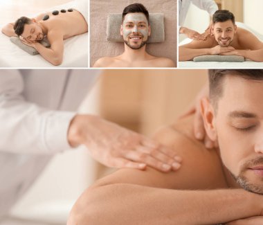 Kaplıcada rahatlayan yakışıklı bir adamla kolaj.