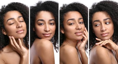 Beyaz arka planda bir grup güzel Afro-Amerikan kadın. Kozmetoloji kavramı