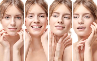 Beyaz arka planda ipek gibi cildi olan bir grup güzel genç kadın.