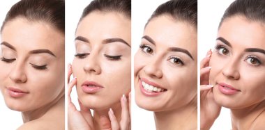 Beyaz arka planda ipek gibi cildi olan bir grup güzel genç kadın.